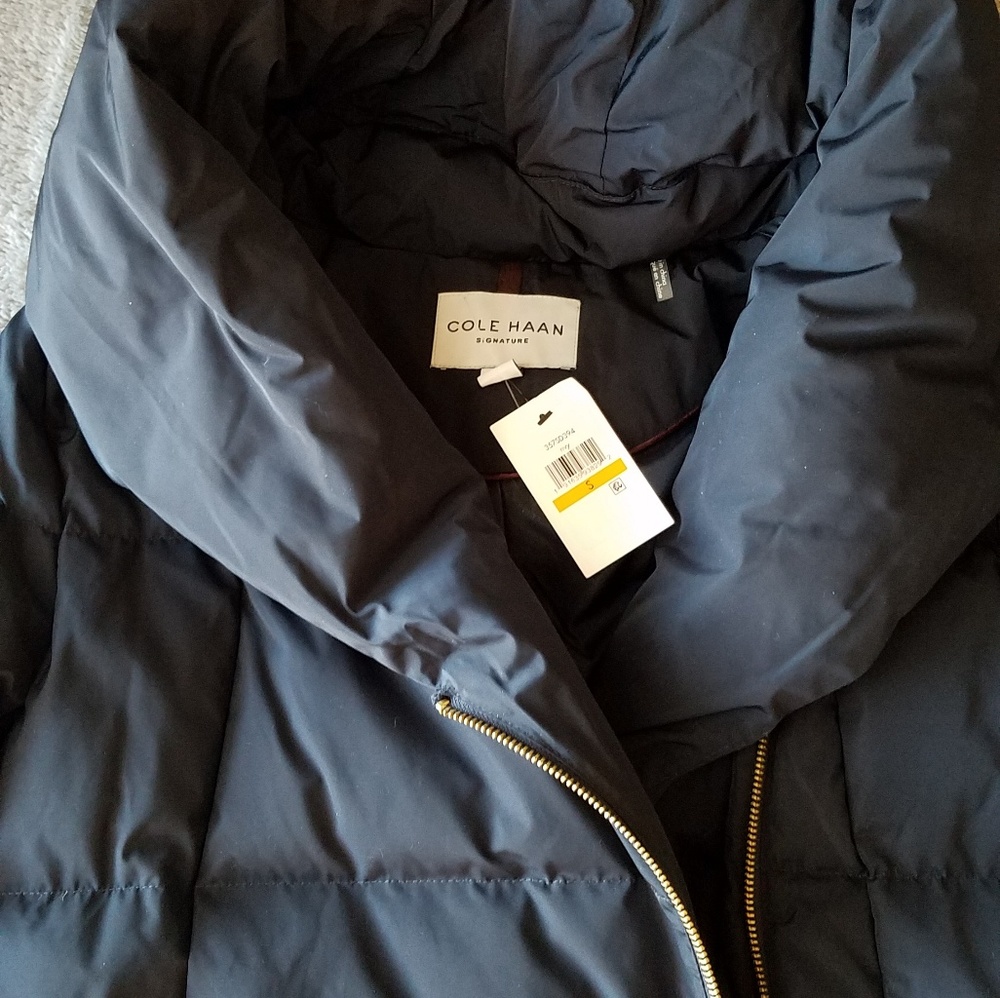 Cole Haan Navy Hooded Long Puffer Coat Size Small - Picture 3 of 8
